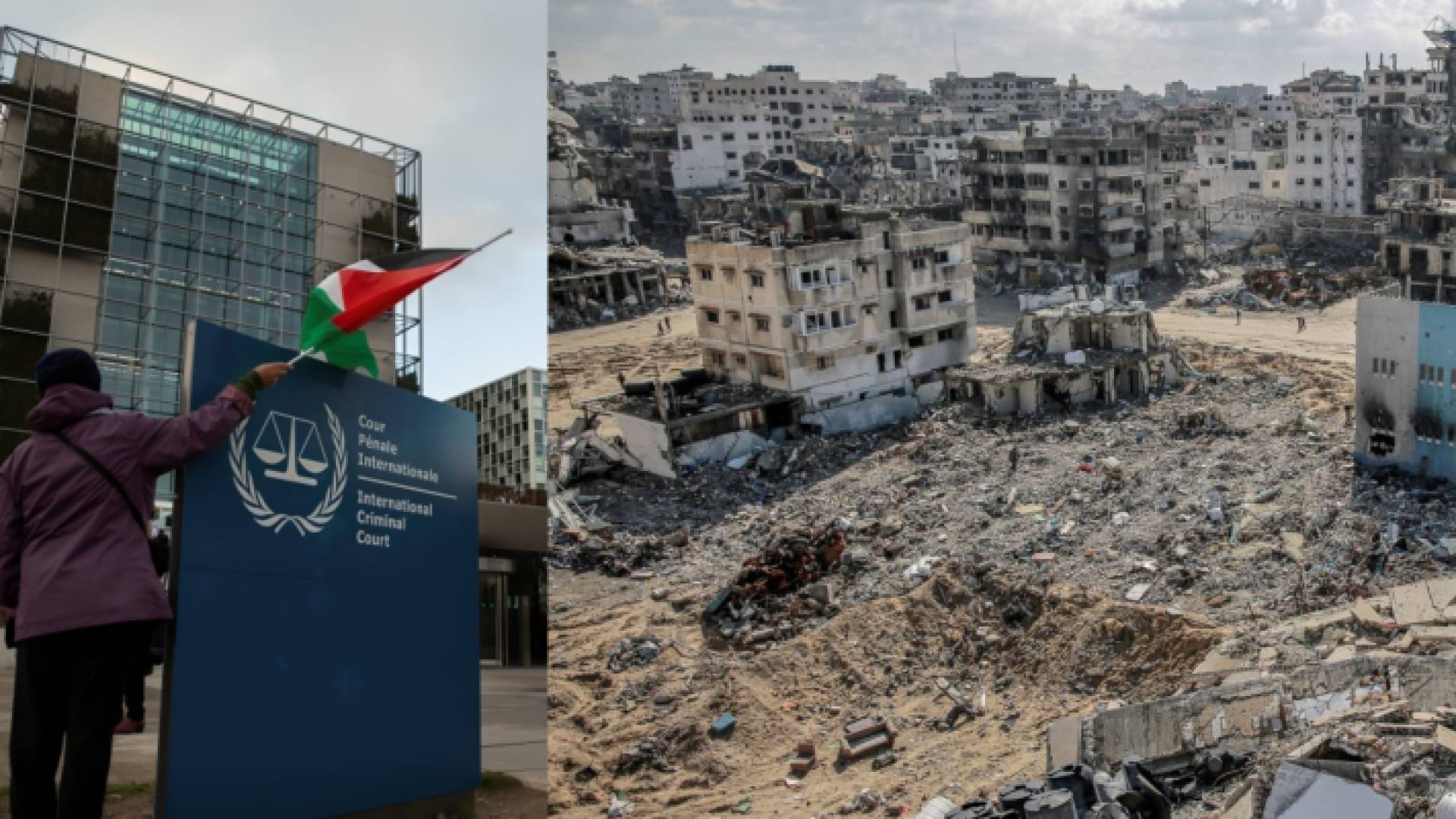 آثار الدمار في غزة يمينًا، والمحكمة الجنائية الدولية يسارًا