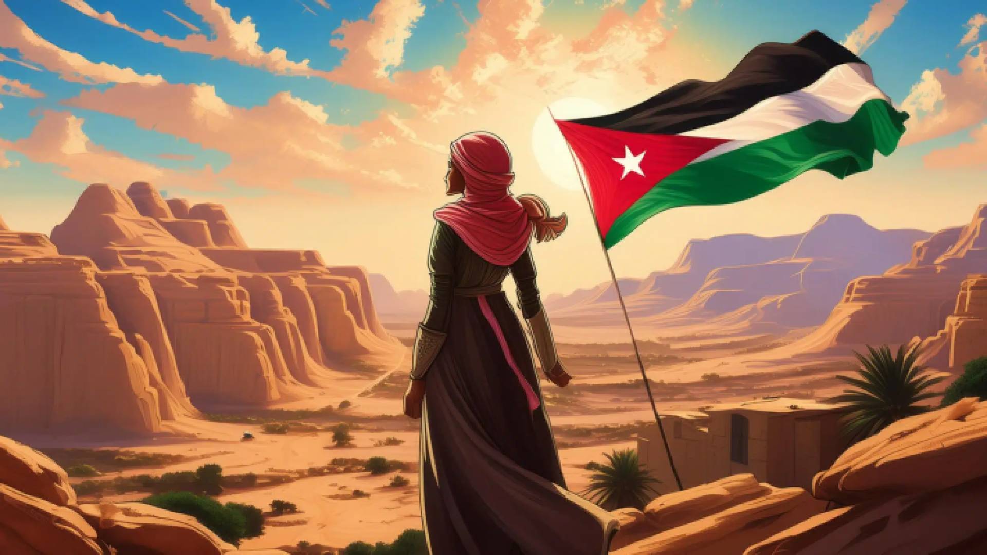 امرأة أردنية تناظر جبال واد رم وخلفها يرفرف العلم الأردني - تعبيرية