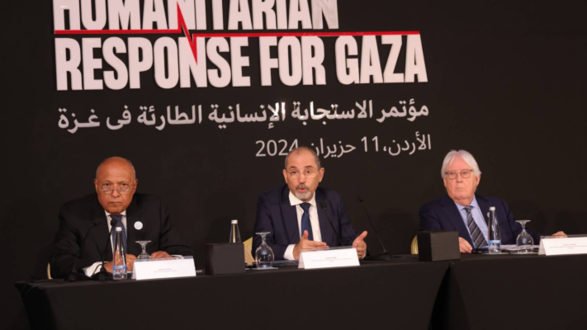 الصفدي وزير خارجية مصر سامح شكري ووكيل الأمين العام للأمم المتحدة للشؤون الإنسانية ومنسق الإغاثة في حالات الطوارئ مارتن غريفيث