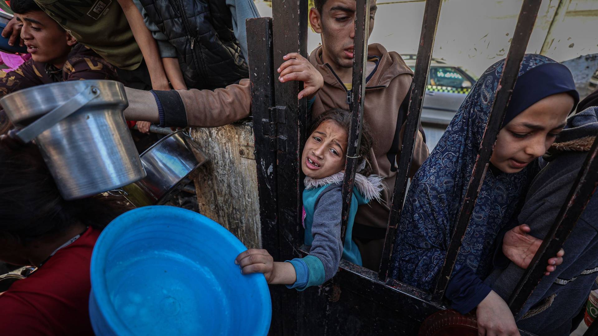 أشخاص يحاولون الحصول على الطعام في غزة