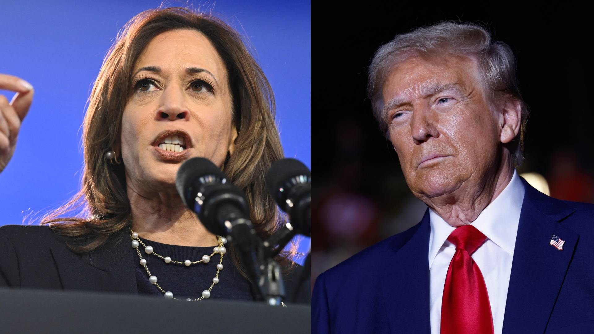 المرشح الجمهوري للرئاسة الأمريكية ترمب (يمينا)، والمرشحة الديمقراطية هاريس (يسارا)