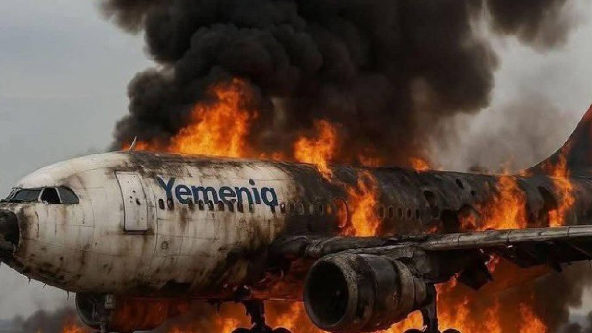 اشتعال النيران بطائرة يمنية