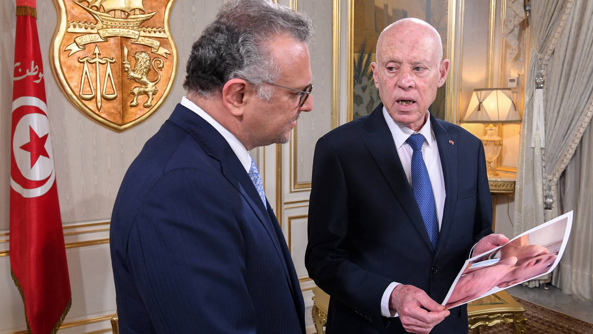 الرئيس التونسي قيس سعيّد و مسعد بولص مستشار الرئيس الأمريكي للشؤون العربية والشرق الأوسط وإفريقيا