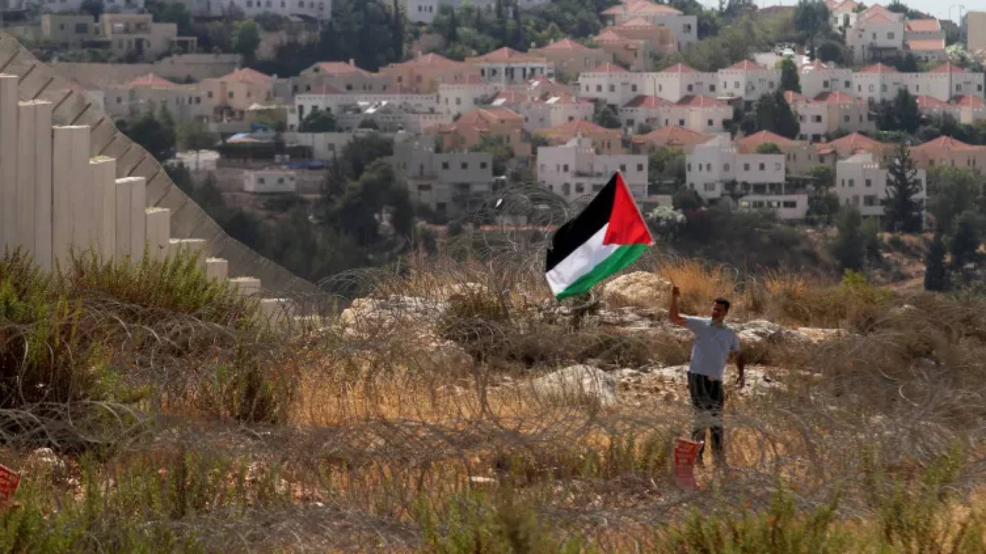 طفل فلسطيني يحمل علم فلسطين يقف أمام مستوطنات "إسرائيلية"