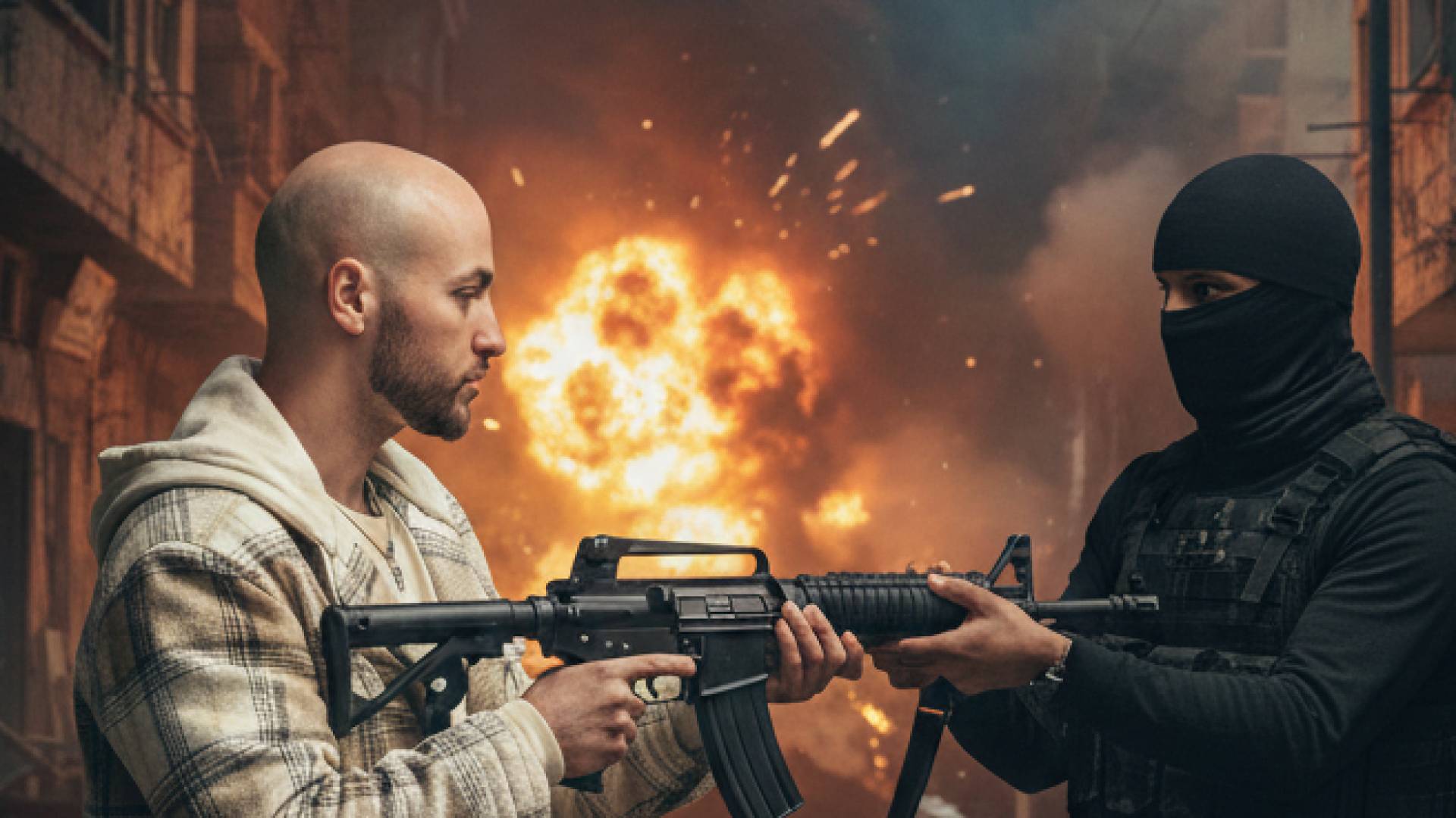 صورة مولدة بالذكاء الاصطناعي لعنصر من القسام يعطي سلاح لمحتجز