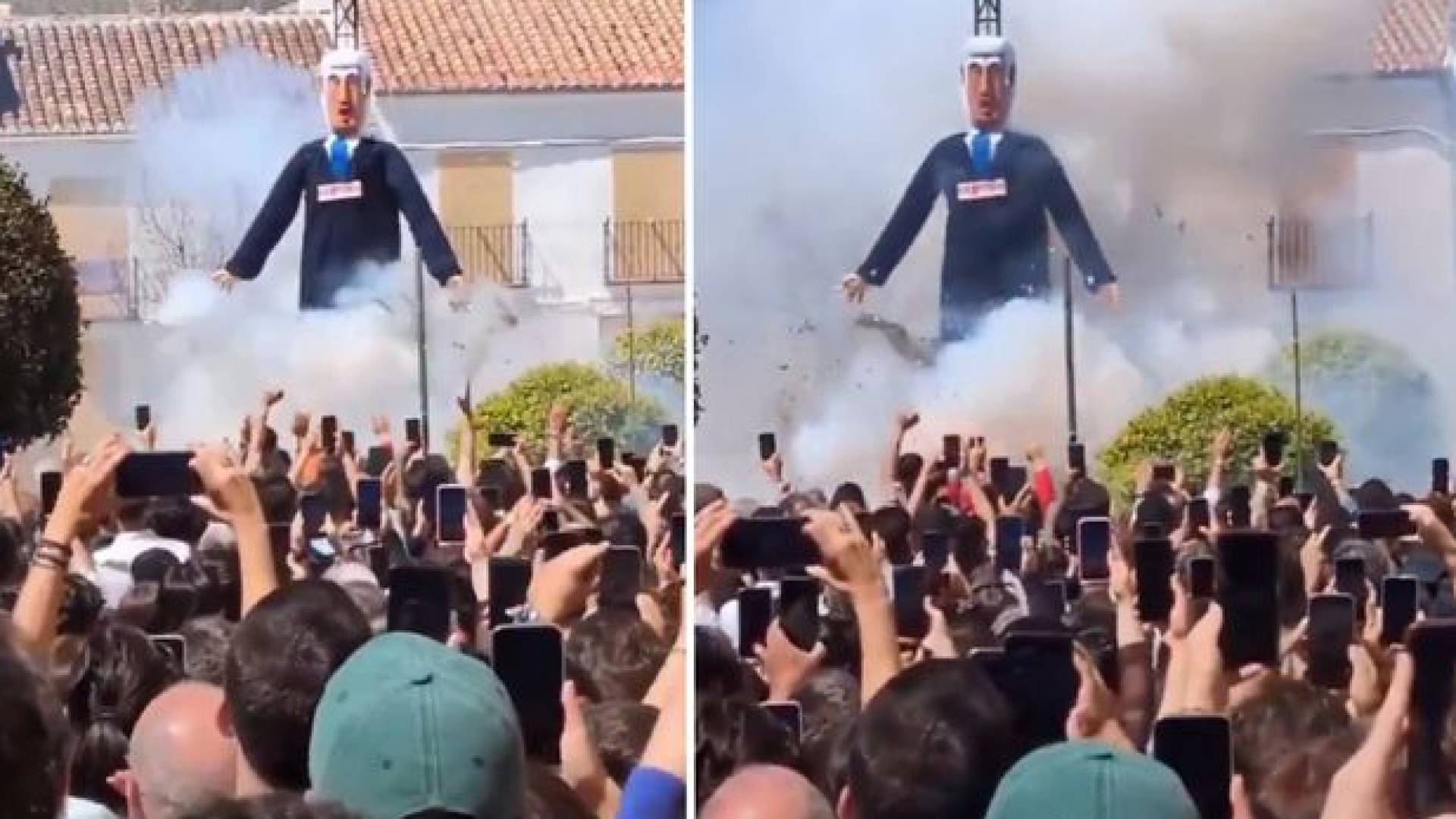 حرق مجسم يمثل رئيس حكومة الاحتلال بنيامين نتنياهو من قبل متظاهرين في اسبانيا