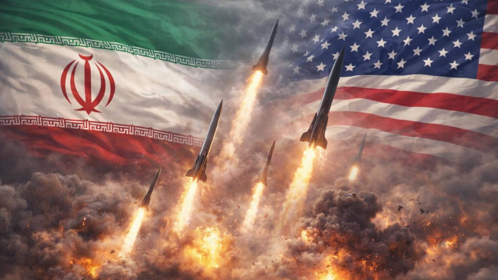 علم أمريكا وإيران يتوسطهم صواريخ