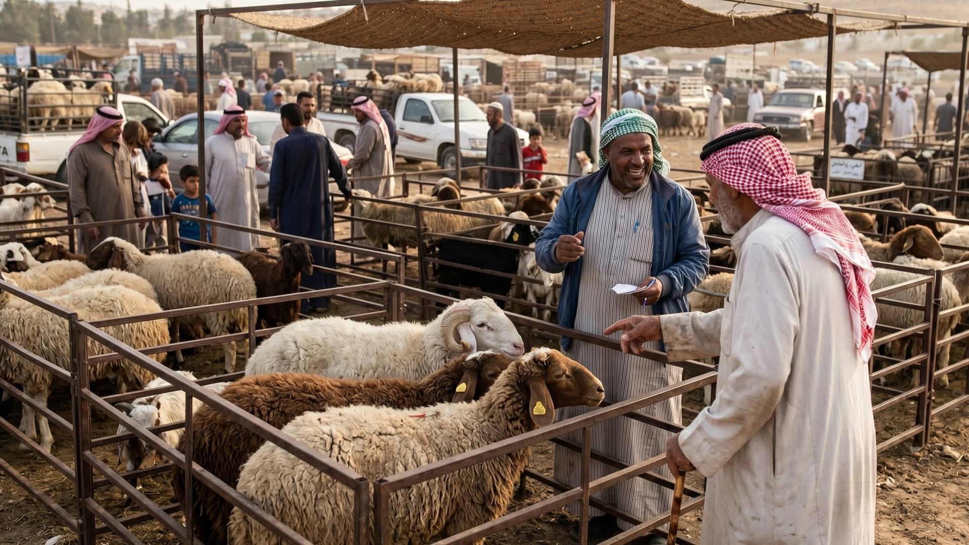 صورة مولدة بالذكاء الاصطناعي تمثل حضائر بيع الاغنام